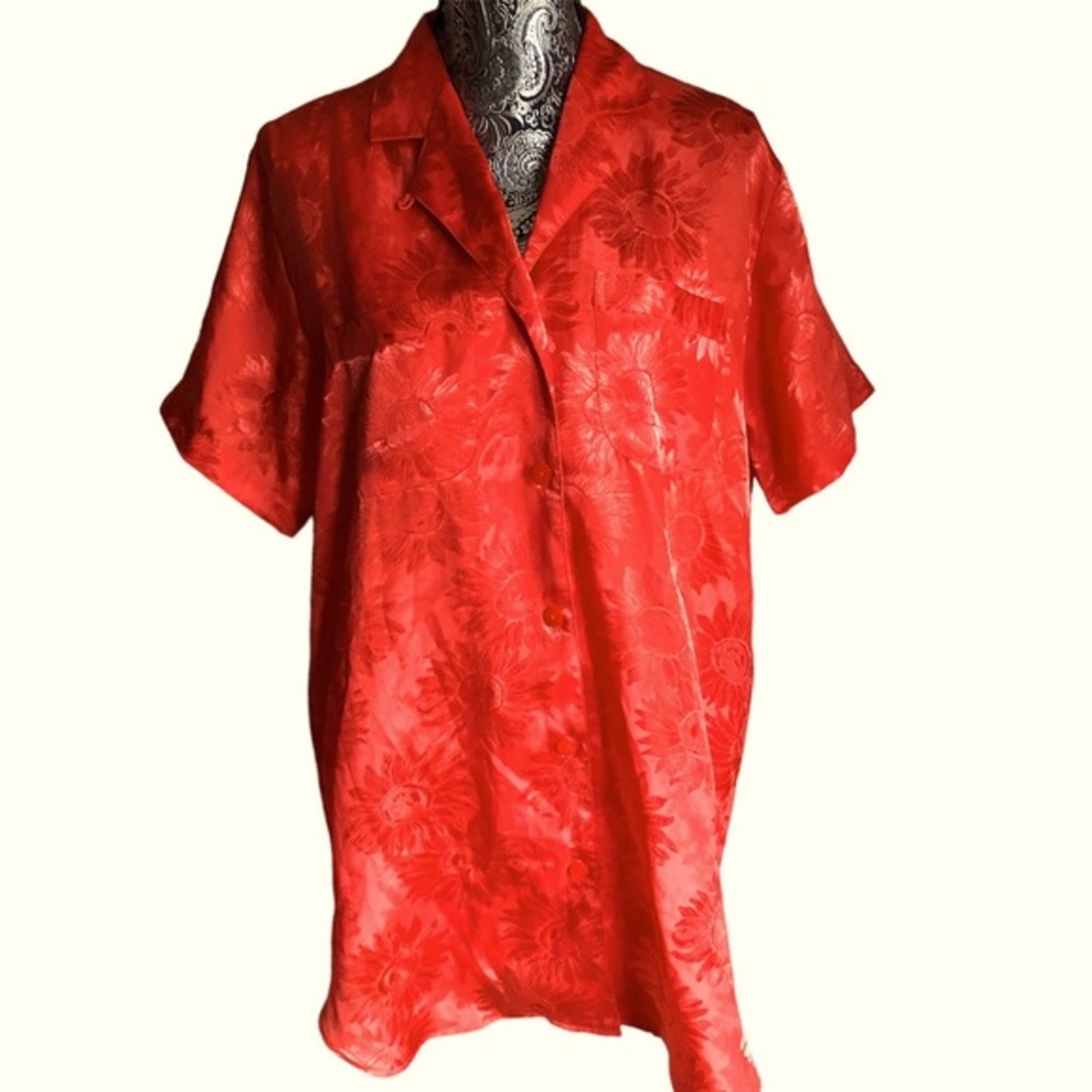 Victoria’s Secret pajama top orange sunflowers satin‎ button up pjs medium NWOT
